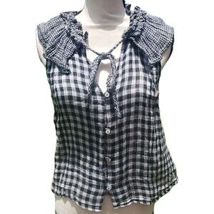 Anthropologie Ruffled Sleveles Black Gingham Check Shirt M Gauze Prairie Relaxed